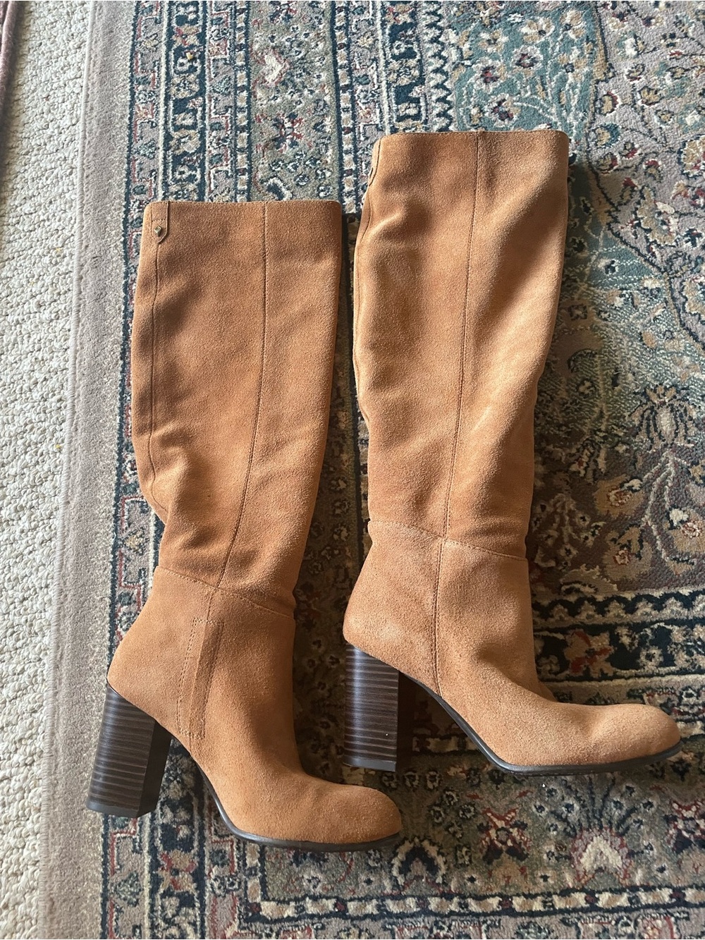 Tan Sam Edelson suede knee-high boots with a 3 inch block heel in US 5M